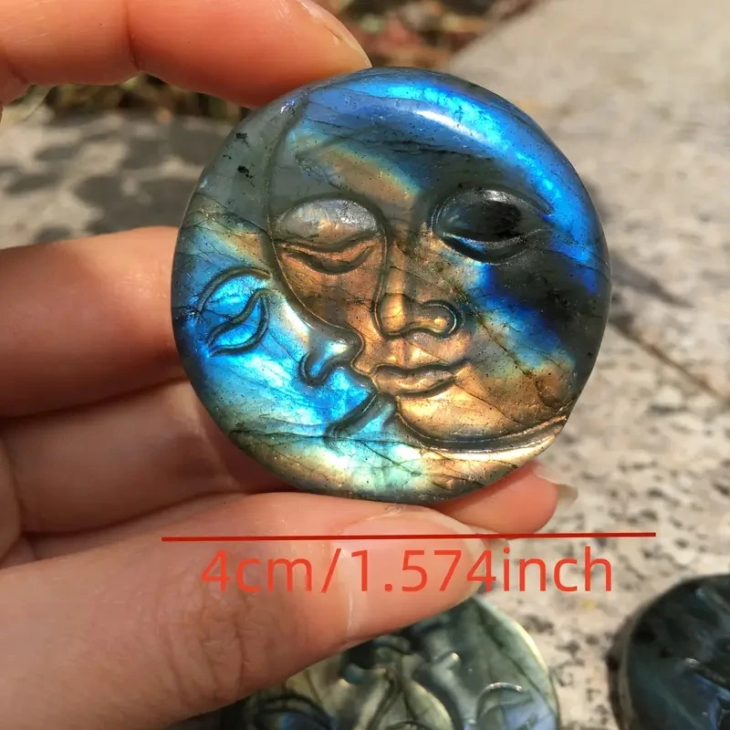 1 Stück hochwertiger Labradorit, Sonne, Mond, Gesichtsschnitzerei, handgefertigter polierter Edelstein für die Schmuckherstellung, Heimdekoration – Detail 1