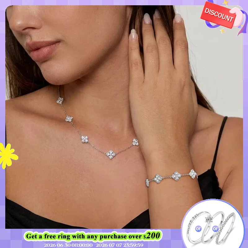 

ATTAGEMS S925 Silver Clover Jewelry Set DVVS1 Moissanite Bracelet Adjustable Necklace Trendy Lucky Charm Anniversary Gift forHer