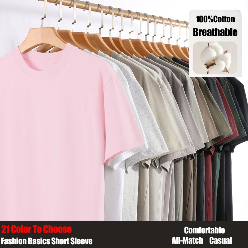Sommer 21 Farbige T-Shirts für Herren aus Baumwolle, Lässiges Atmungsaktives O-Neck-Shirt, Bequeme Streetwear, Modische Y2K Kurzarm-Tees