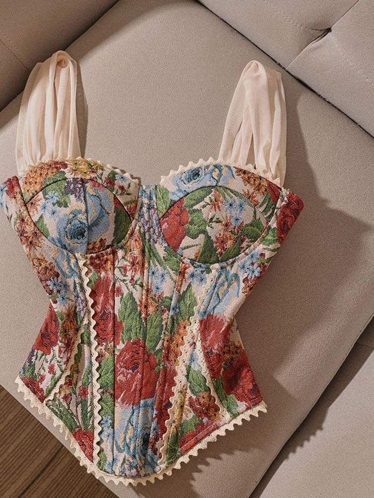 French Vintage Printed Camis for Women Summer Harajuku Lace Patchwork Crop Tops Y2K Femme Streetwear Sexy Slim Tank New