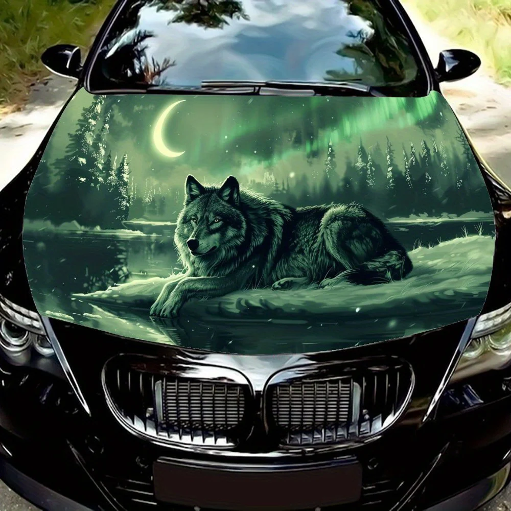 

Enchanted Forest Wolf and Eye-catching Aurora Car Hood Vinyl Wraps Sticker, Auto Exterior Protection, Waterproof Self-adhesive V