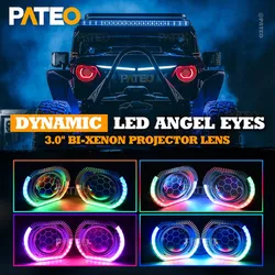 Dynamic RGBW LED Angel Eyes Bi-xenon Projector Headlight 3 inch Honeycomb Lens C-shape Halo DRL Turn Signal APP Control Car Kit