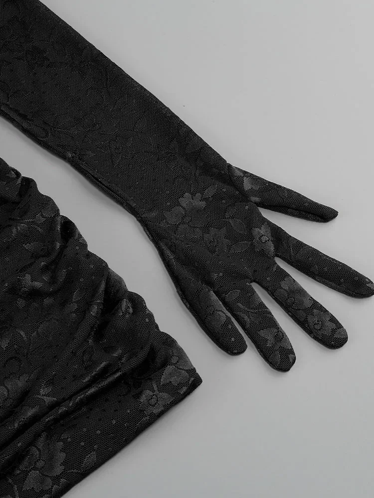 مثير المرأة الدانتيل ثنيات Bodycon فستان قصير قفازات سوداء طويلة الأكمام س الرقبة قطع الدانتيل فستان زهري المغني احتفال فستان النادي