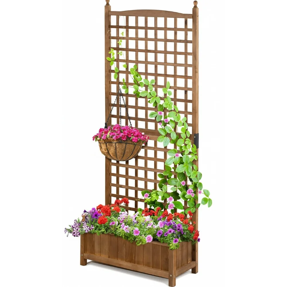 سرير حديقة مرتفع بطول 71 بوصة مع تعريشة، صندوق زراعة متين مطلي بالزيت للبستنة العمودية، بطانة غير منسوجة #1