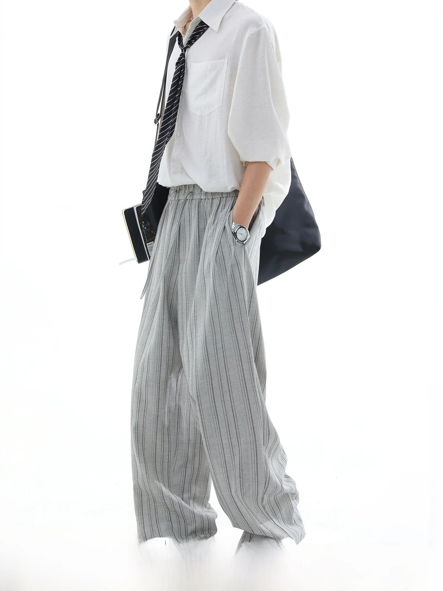 

Casual Stripe Pleated Men's Summer Thin Loose Straight Leg Pants Dream Made Classic Style Polyester Blend Comfortable Breathable