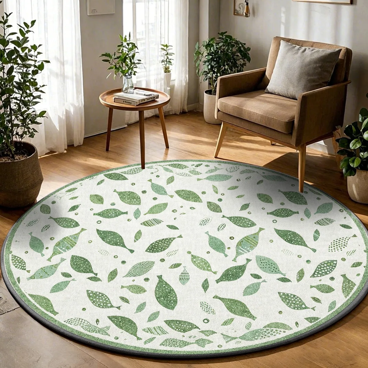 Modern Pastel Green Foliage Round Rug,Elegant Branch Leaf Vintage Textured Printed Circular Floor Mat,Living Room Decor Carpet