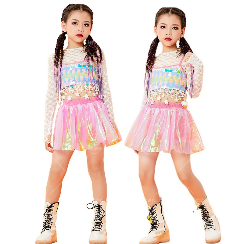 Children's Summer Dance Costume Sequin Online Dress/pants Set Girl Hip-hop Modern Jazz Street Costume Stage Performance Costume