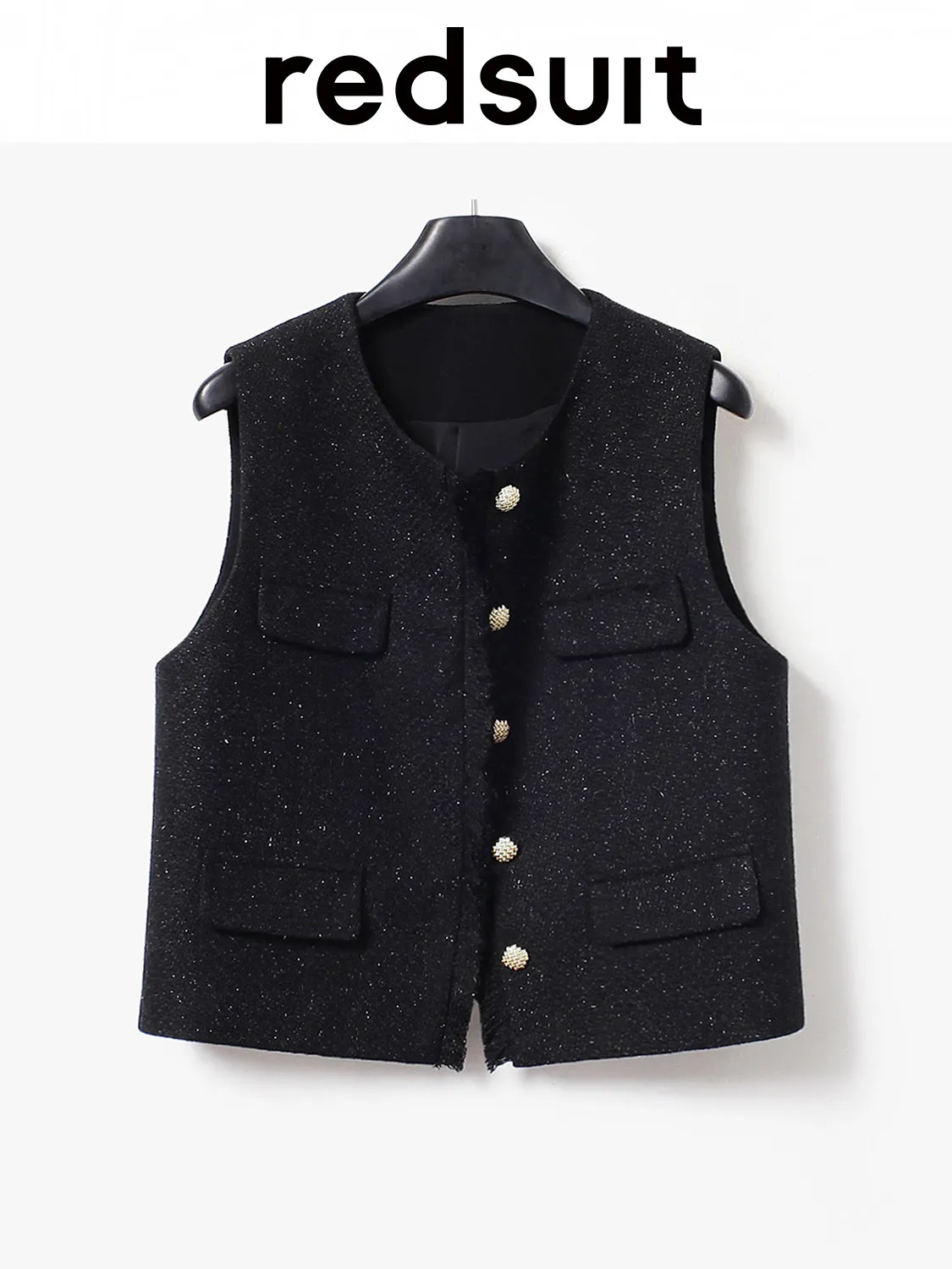 New Romantic shiny black coarse tweed single breasted thin tassel vest looks slim Custom size
