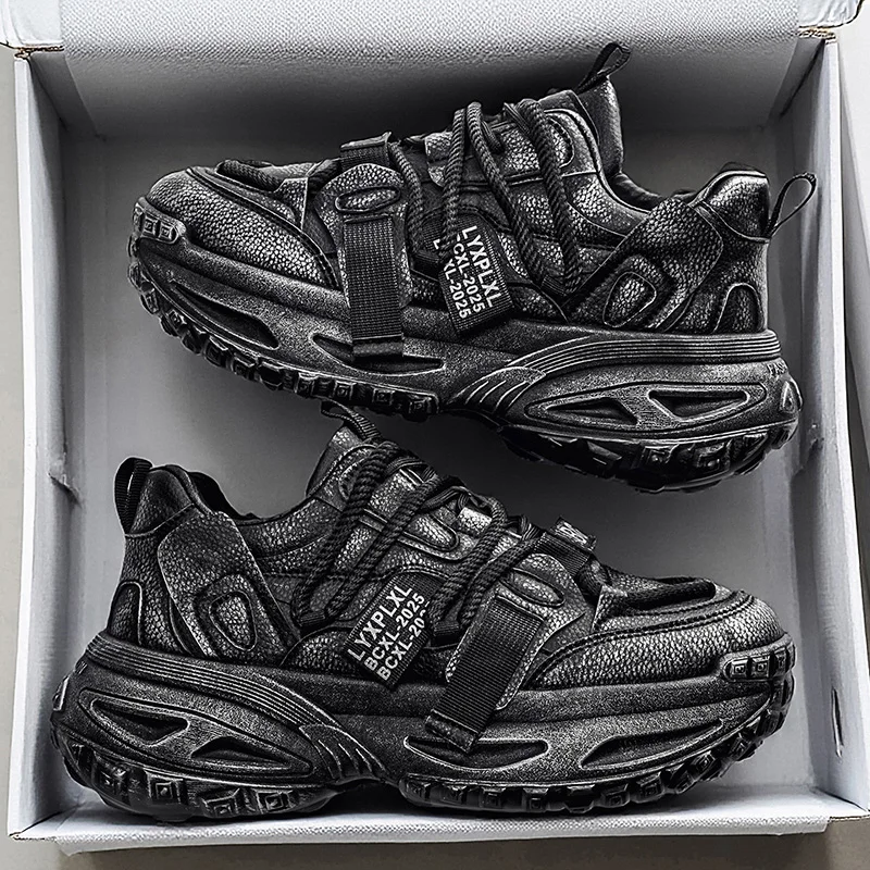 Trendy Men's Running Shoes Spring Autumn Seasonal Leisure Thick Bottom Tire Sole Black Dad Shoes Fashionable Korean Style