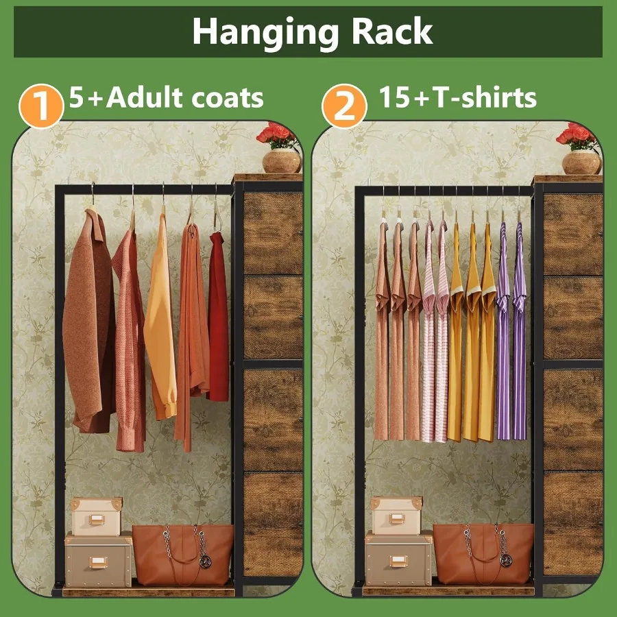 خزانة مع رف معلق 4 أدراج، خزانة صغيرة لغرفة النوم، خزانة ذات أدراج من القماش قابلة للعكس مع رف ملابس، تخزين طويل القامة #5