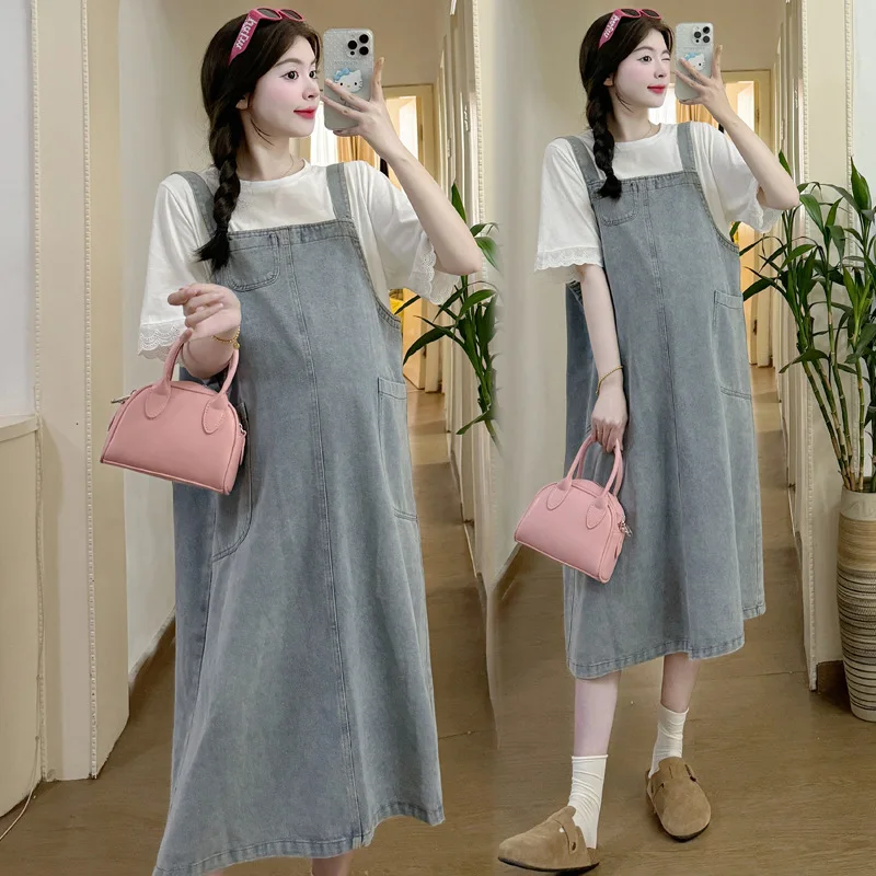 

Korean Style Maternity Summer Set Denim Overalls Dress with Lace Trim Short Sleeve Tee Two Piece Outfit for Pregnant Women