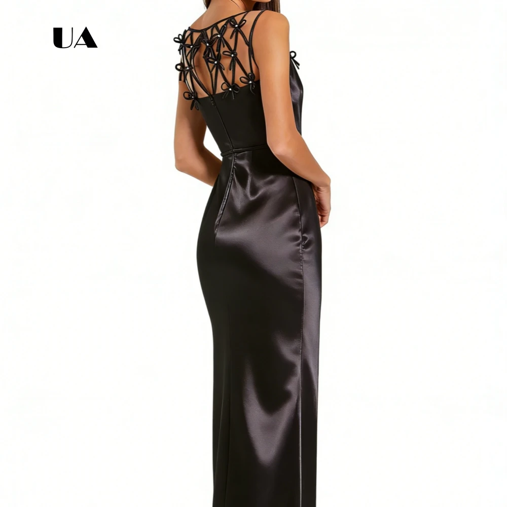 ULBYANRY Abito da ballo dritto in raso con scollo a fiocchi trasparenti, abito da sera con scollo rotondo solido, abito da festa personalizzato senza maniche