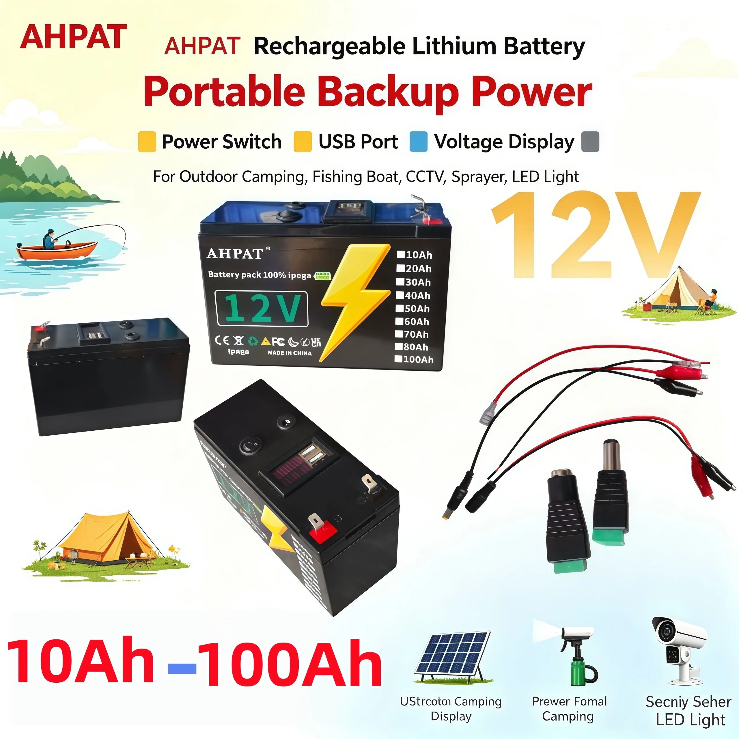 12V 10Ah to 100Ah Lithium Battery Pack Backup Power for Electric Sprayers, LED Lamps, Surveillance Cameras, Camping Tools