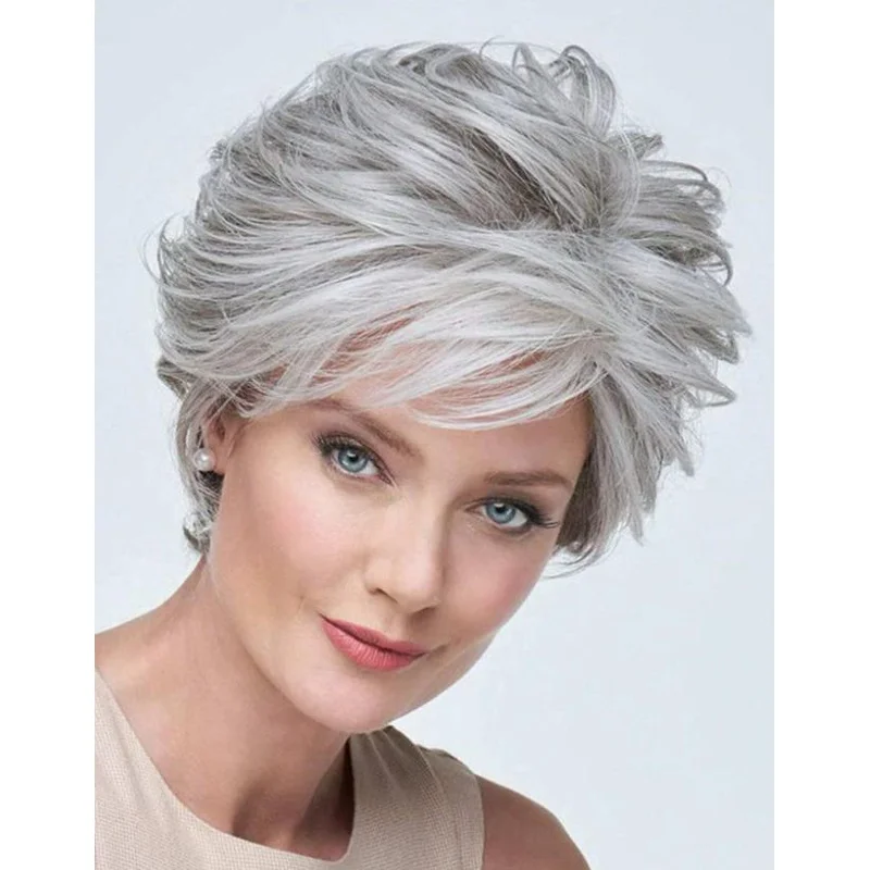 

Women's Bobo Fluffy Short Hair Intermediate Color Gradient Silver Wig