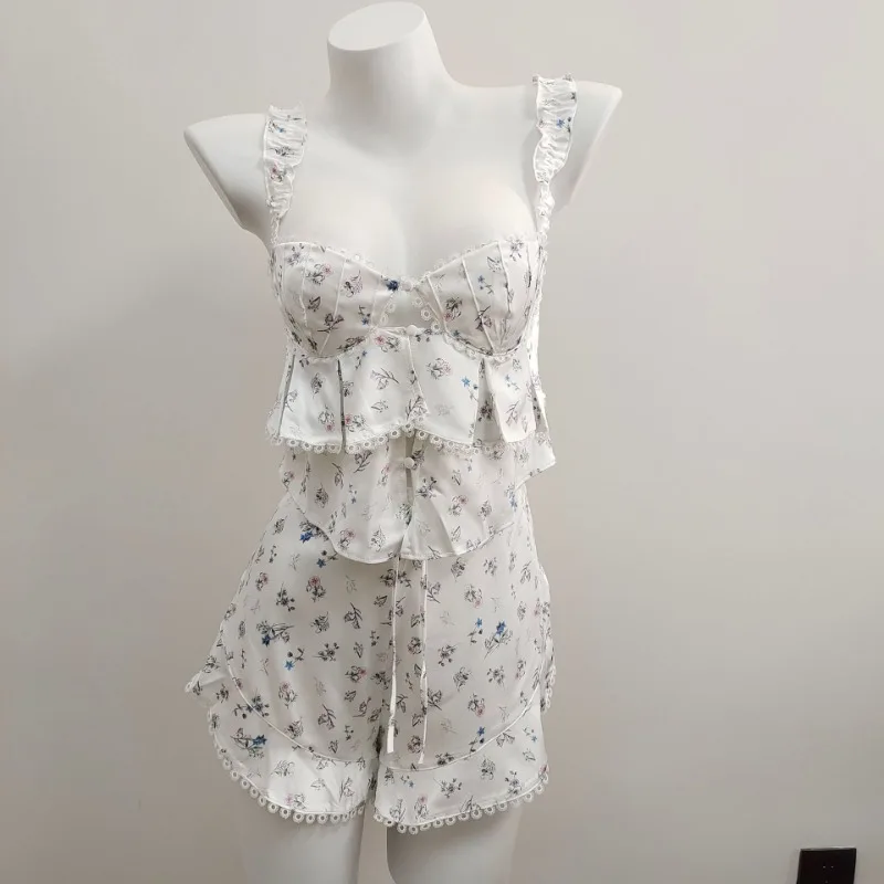 

Floral patchwork camisole shorts pajama set, rustic style, spring and autumn pure desire thin home clothes for girls