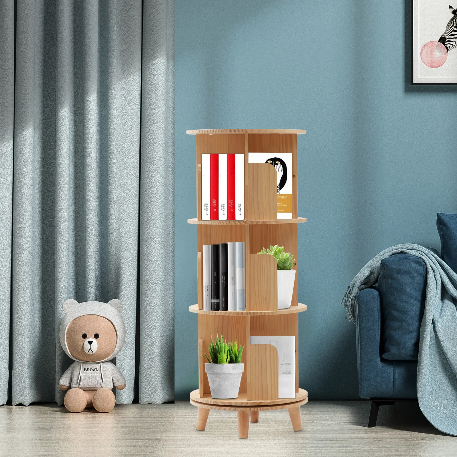 

3 Tiers Floor-standing Solid Wood 360° Rotating Bookshelf High Load-bearing Storage Rack Used in Study Library and Office