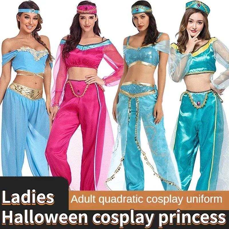 Jasmine Princess Dress Aladdin Divine Lamp Costume Uniform Women's Halloween Cosplay Indian Female Regional Dancer Skirts