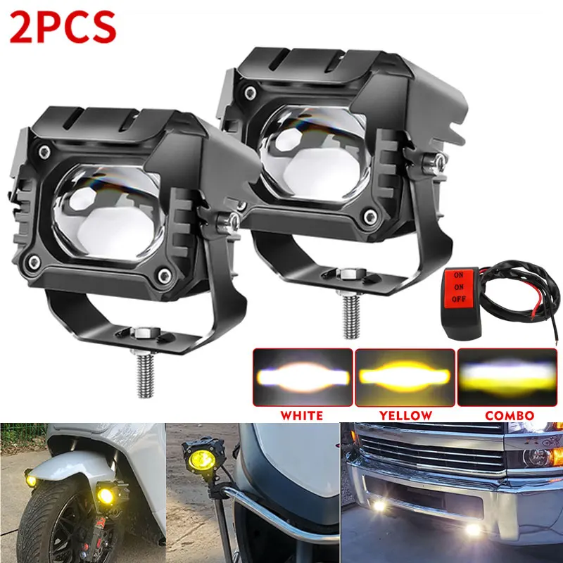 

2pcs Lens Motorcycle car Headlight LED Work Light Dual Color Hi/Low Beam Spotlight Flashing Fog Lamps White/Yellow with switch