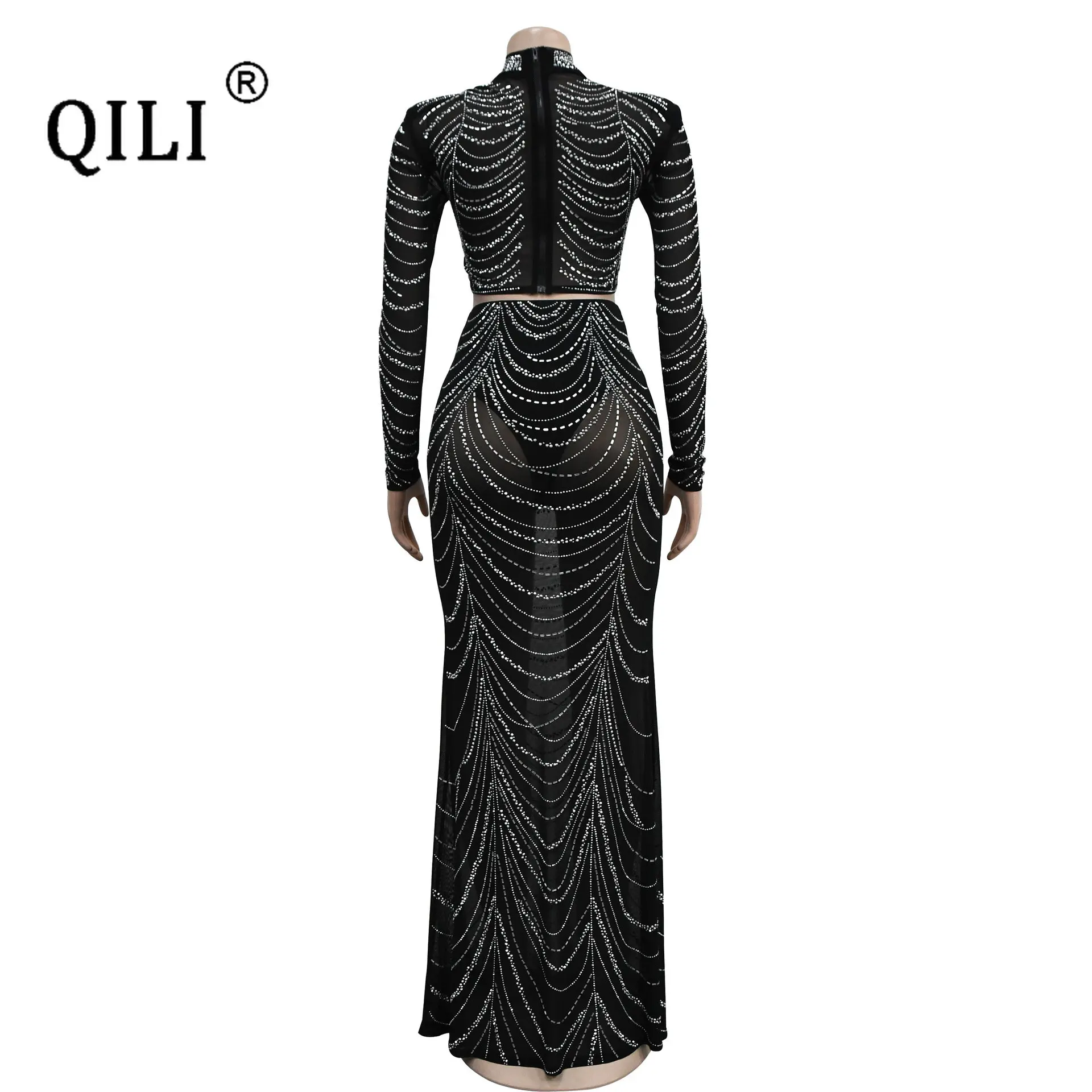 QILI-Diamonds Rhinestone Sets for Women, Dress Top and Long Skirt, Matching Sets, Party and Club Outfits