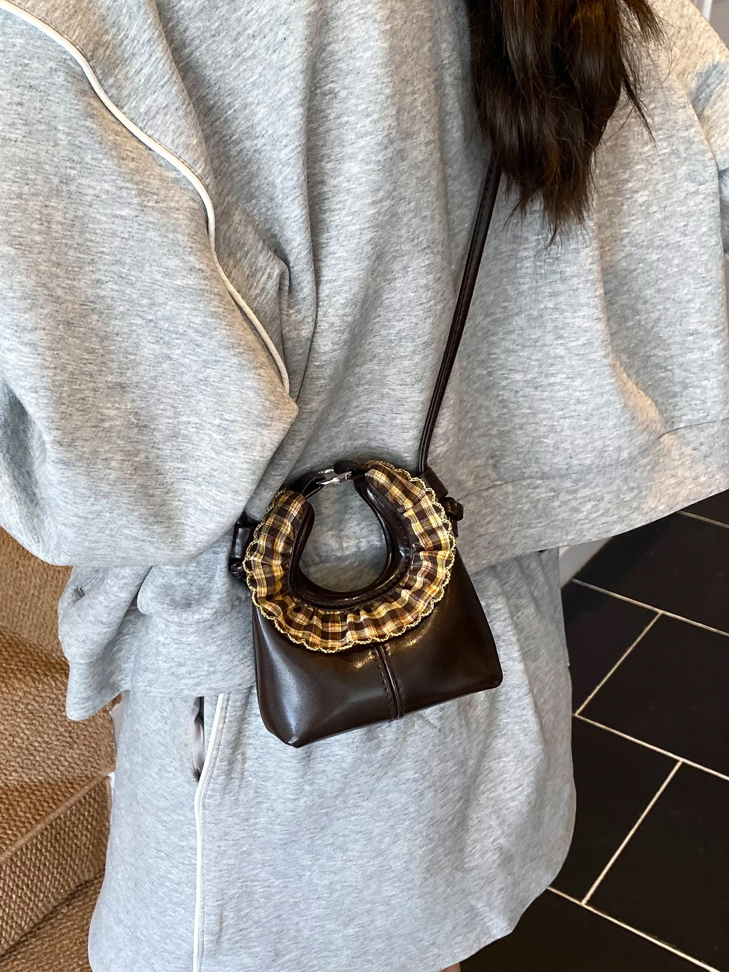 Exquisite Mini One Shoulder Bag for Women Retro Plaid PU Splicing Handbags New Children Girls Cute Crossbody Bags