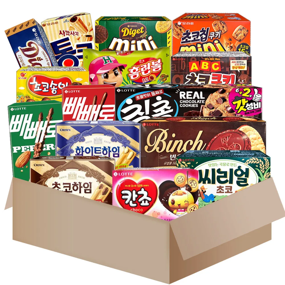 [AL0077+] Caja de snacks y galletas coreanas 15 piezas {homerunball+Choco Heim+white Heim+ABC choco cookies+cereal choco+choco sticks(choco+amonde)+Tonk+diet sand+diet mini+Chocosongi 2type+chocochip mini+Binch+Chic Choc} etc.