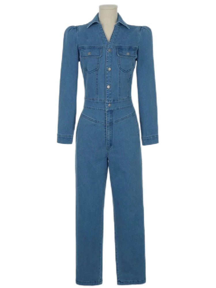ハイウエストロングスリーブデニムジャンプスーツ レディース 薄手モデル 2024年新作 スレコットン ストレートレッグ タイト スリム ワンピーススーツ