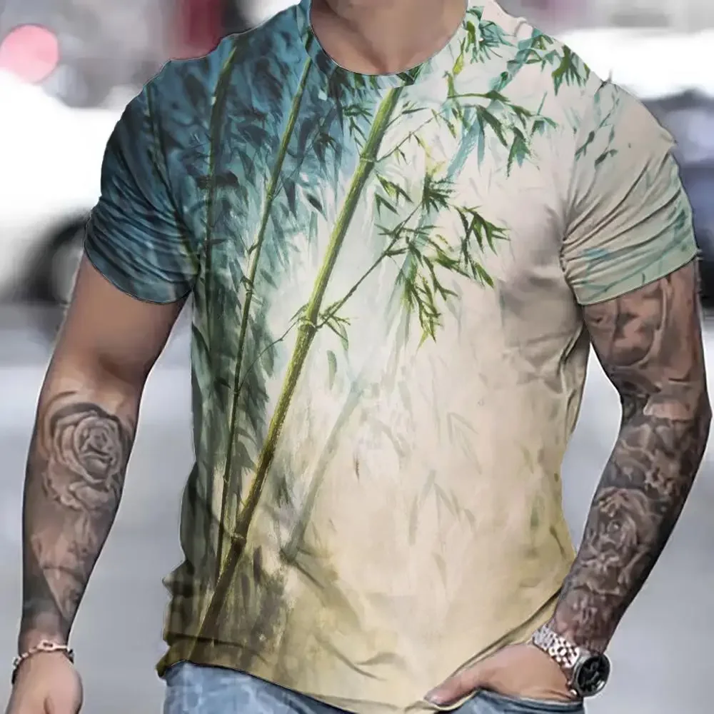 Casual Men\'s T-Shirt Summer Bamboo Short Sleeved T-Shirt 3d Pattern Printed Tops Slim Fit Men\'s Clothing Oversized T-Shirt