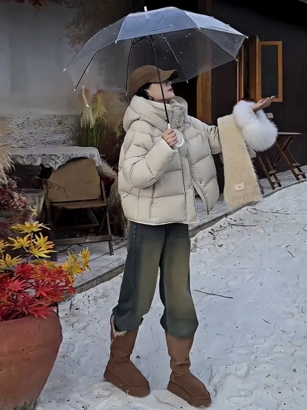 

Women's Short Puffer Jacket Duck down Bread Style Winter Coat Thick White Duck Feather Quilted Zipper Closure Color