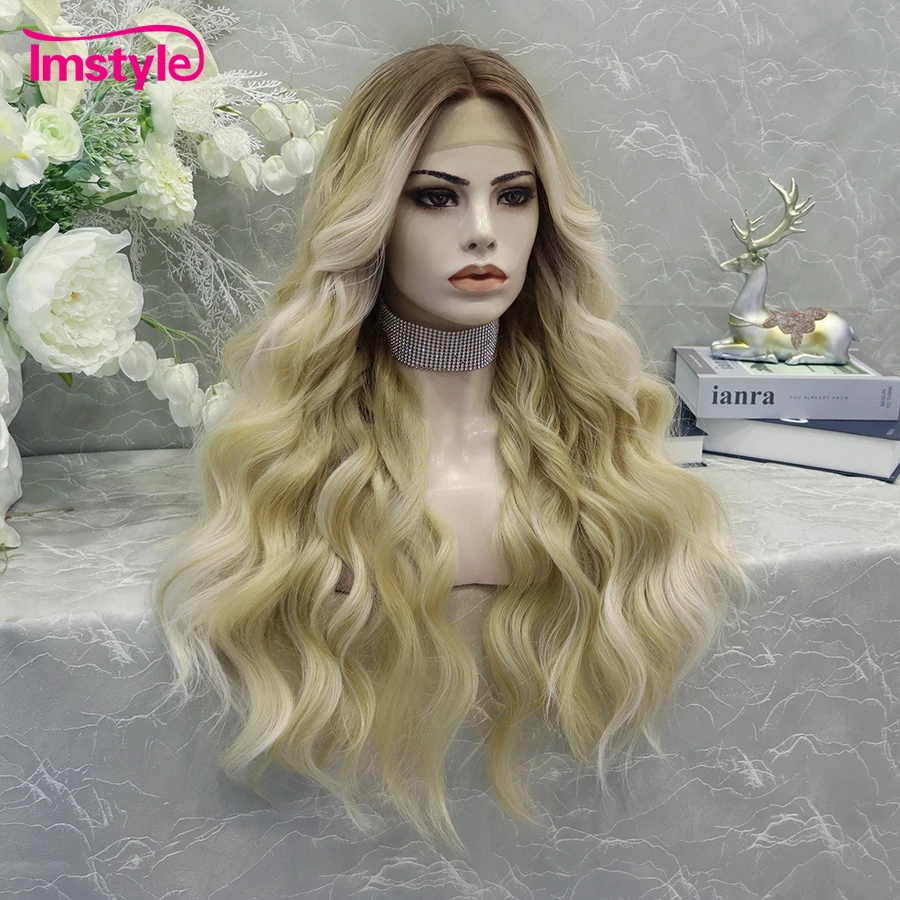 Imstyle-peluca rubia sintética con malla frontal para mujer, parte en T, raíz oscura, pelucas diarias, fibra resistente al calor, rayita Natural