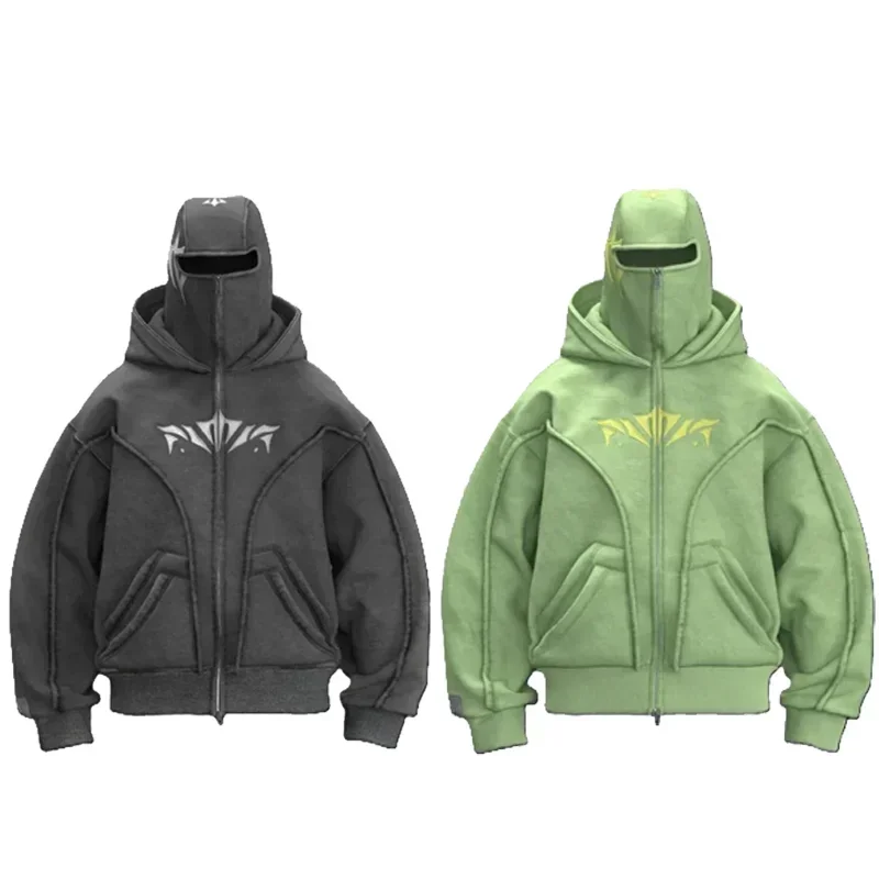 Y2K Vintage Zip up Hoodie Harajuku Double Hat high quality gothic Pattern Streetwear Men Women Hip hop Fashion Sweatshirt top