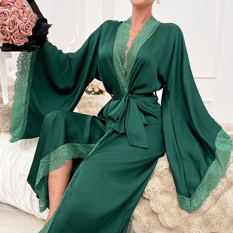 Green Robe Big Lace Sleeve Kimono Bathrobe Lady Elegant Sleeve Soft Rayon Vestidos De Novia Female Autumn Winter Home Dress