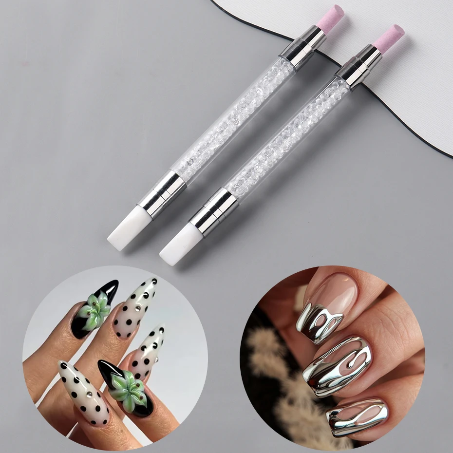 2 pezzi Penna per unghie a doppia testa Penna per molatura per unghie al quarzo viola Design per unghie Penna per unghie in silicone bianco Strumento multifunzionale