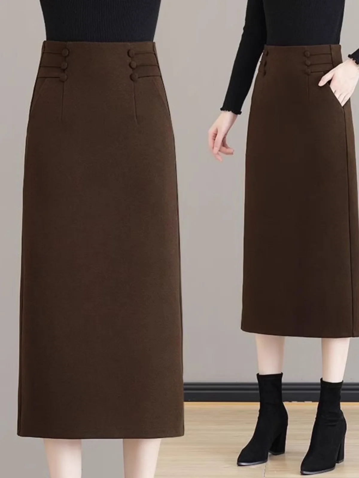 

Женская шерстяная юбка А-силуэта с высокой талией и разрезом, для весны, осени и зимы, модная, для офиса, длинная