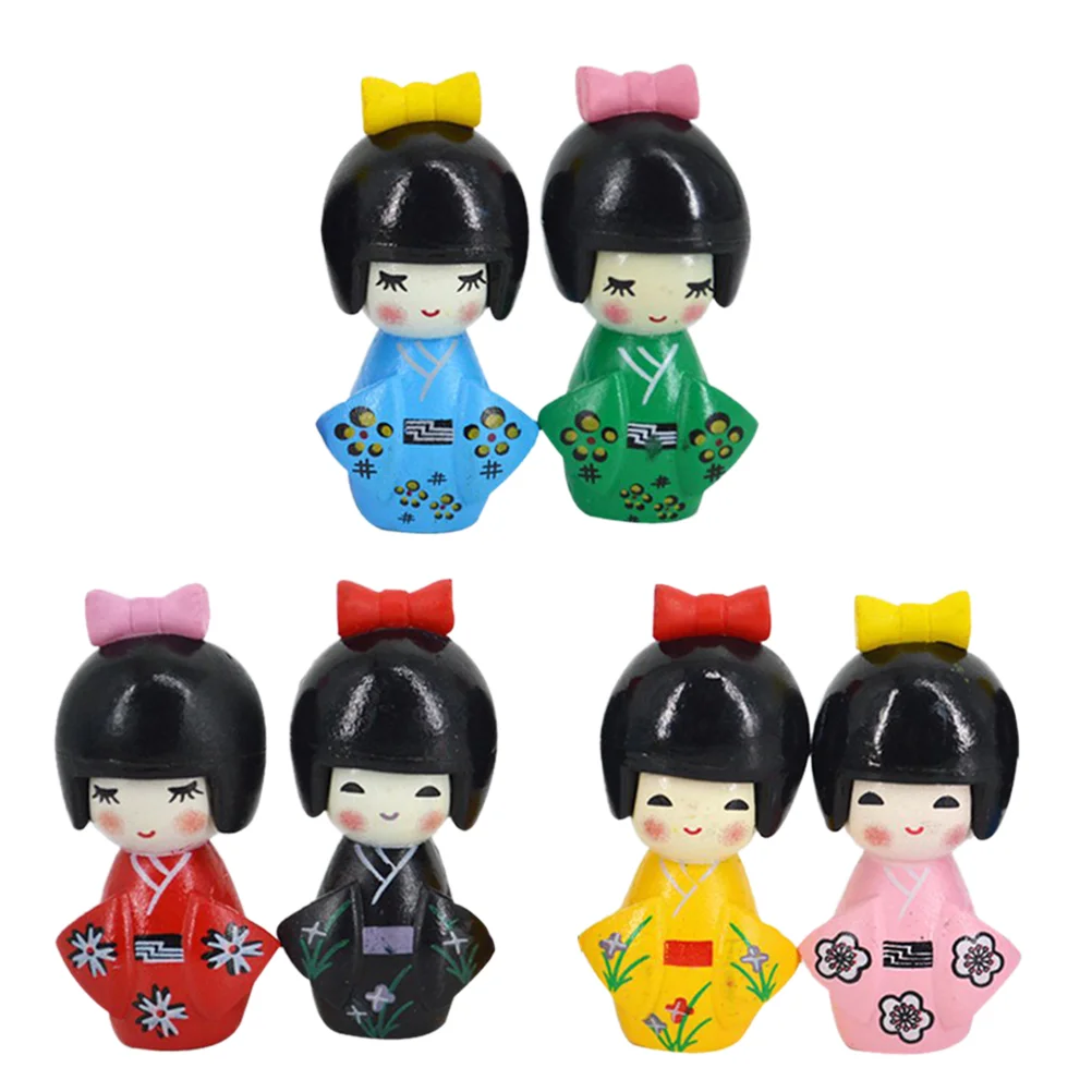 6 Pcs Kimono Ornaments Black Dolls Handicraft Girl PVC Toy Japanese Tabletop Decoration Household Child Traditional
