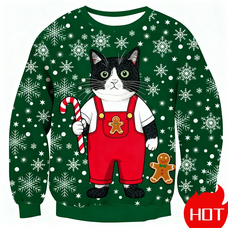 الرجال طاقم الرقبة عيد الميلاد القط البلوز ثلاثية الأبعاد الطباعة الرقمية مضحك لطيف القط تصميم مريح الرجال طويلة الأكمام البلوز 2026 جديد #6