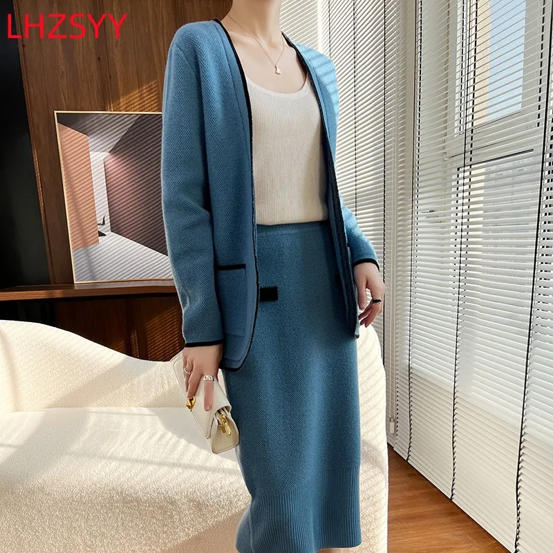 LHZSYY Women\' New Color Matching Set 100% Cashmere Button Free Cardigan Fashion Halfskirt 2023 Spring Large Size Jacket Sweaters