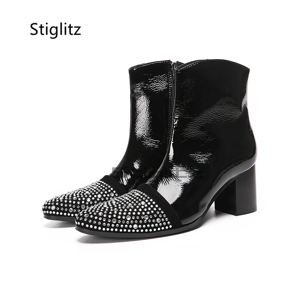 Rhinestone Pointed Toe Ankle Chelsea Boots for Men Black Patent Leather Block High Heels Side Zip Wedding Prom Party Shoes