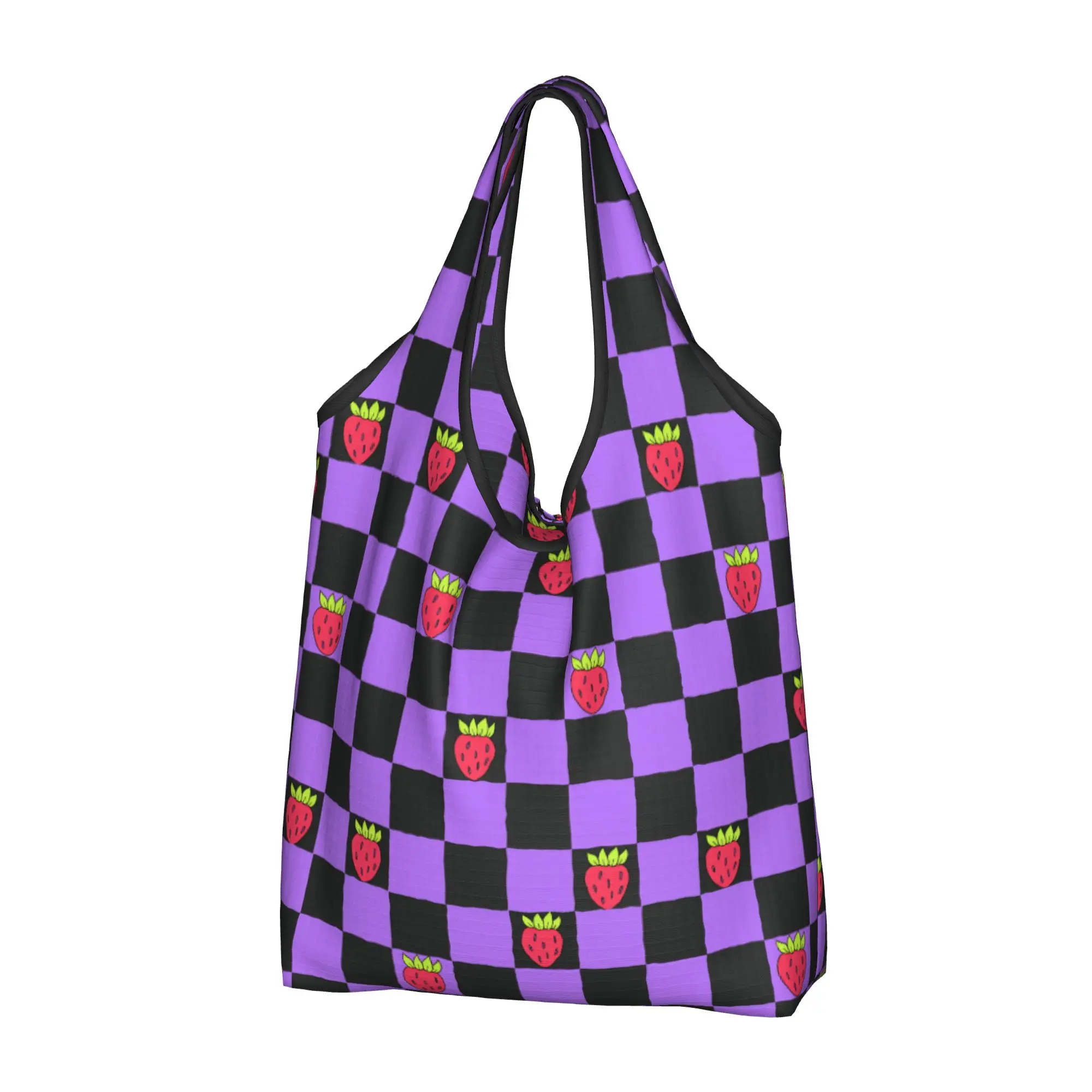 Recycling Strawberries Checkerboard  Shopping Bag Women Tote Bag Portable Lilac Black  Groceries Shopper Bags