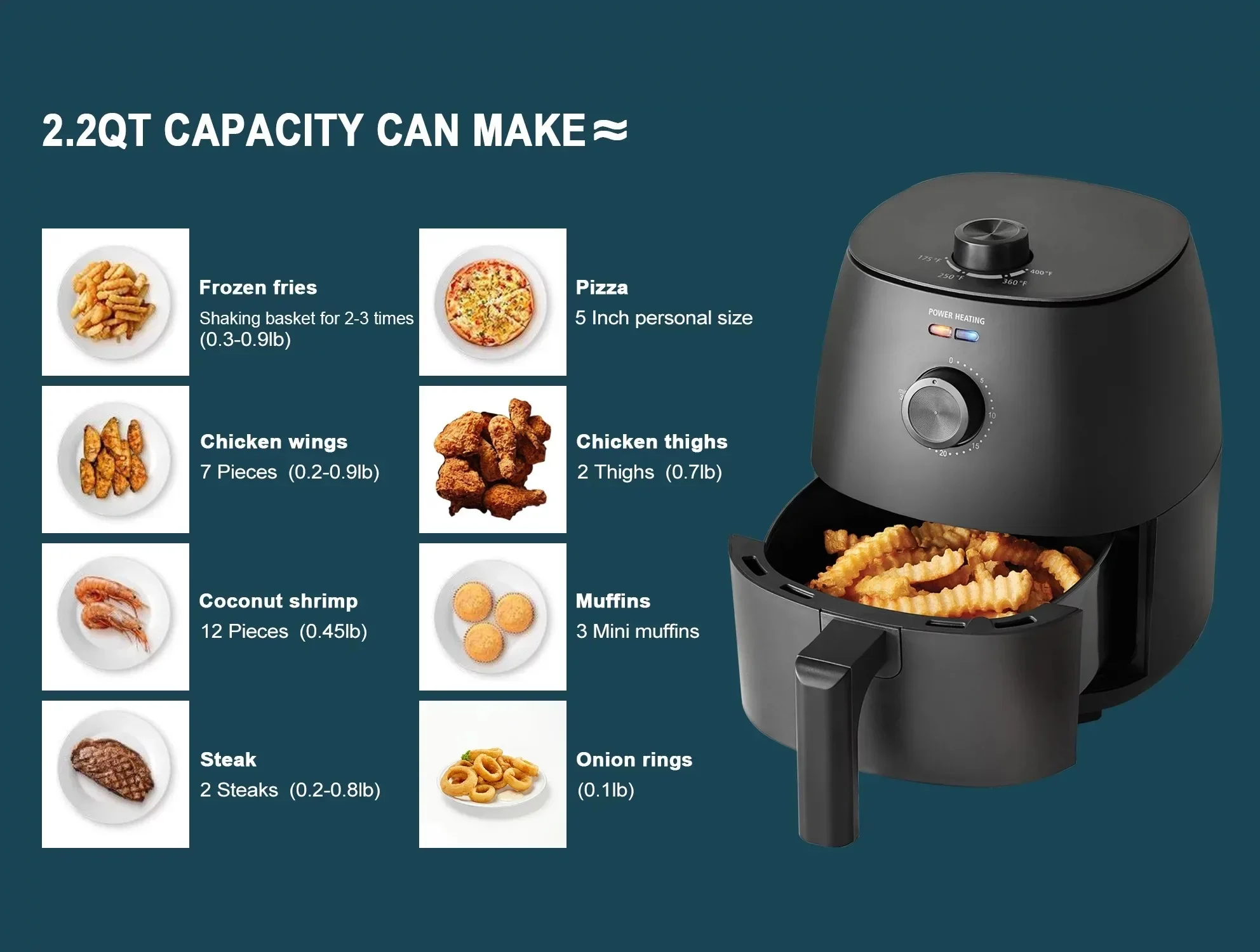 Compact Air Fryer, Non-Stick, Dishwasher Safe Basket, 1150W, Black 2.2 Quart