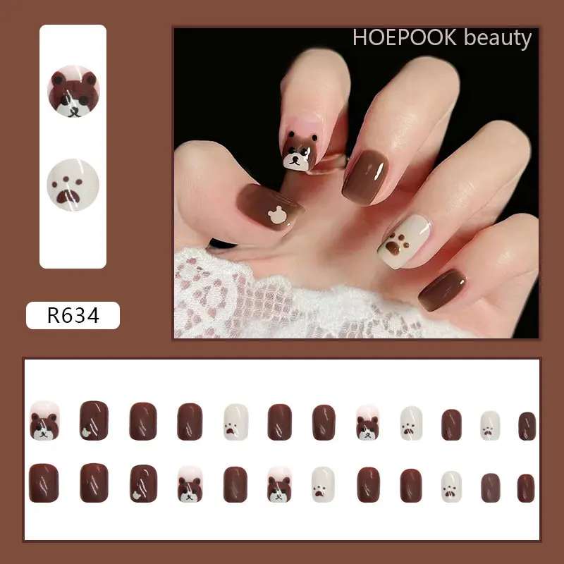 24pcs Brown Bear Coffin Cute Kawaii Press On Nail Tips Seamless Removable Fake Nails Capsule Full Cover Artificial False Nails