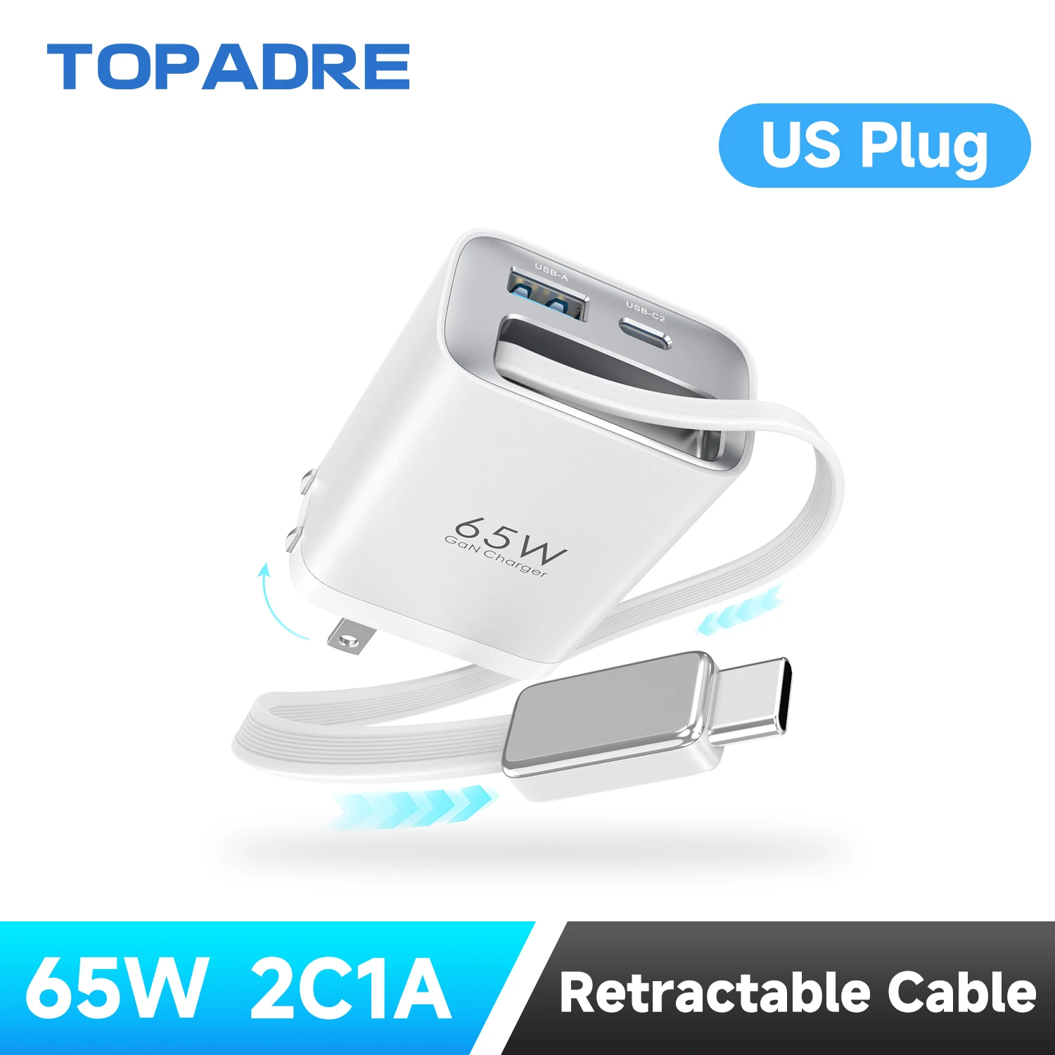65W GaN Wall Charger with Retractable USB-C Cable, Dual-Port PD 3.0 & QC 4+ / 4.0 Fast Charging for iPhone, Galaxy, Pixel, iPad, Tablets, Nintendo Switch, AirPods