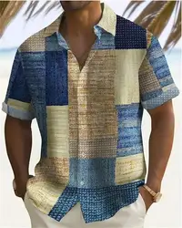 2024 Men's Color Block 3D Printed button-down Lapel Short Sleeve Shirt Large Size 5XL High quality Hawaiian Beach Top