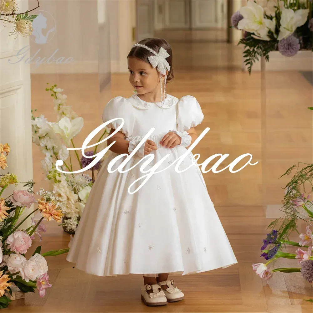 Applique O Neck Short Puff Sleeve Princess Formal Wedding Party Flower Girl Dress Ankle Length Long Ball First Communion Gown