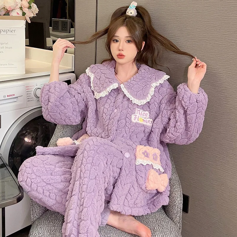 5XL 140kg Oversized Women Flannel Pajamas Set Cartoon Autumn Winter Thicken Two Piece Suit Warm Loose Long Sleeve Home Clothes