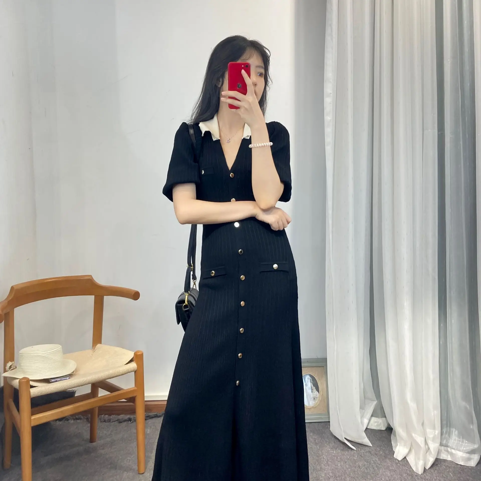 High Quality New Autumn Short Sleeve Knitted Basic Dress Turn-down Collar Metal Single-breasted Ultra Long Elegant A-line Dress