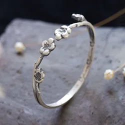 New in 925 Silver Vintage Cherry Blossom Bracelet for Women Simple and Artistic Fresh Opening Flower Bangles Party Jewelry