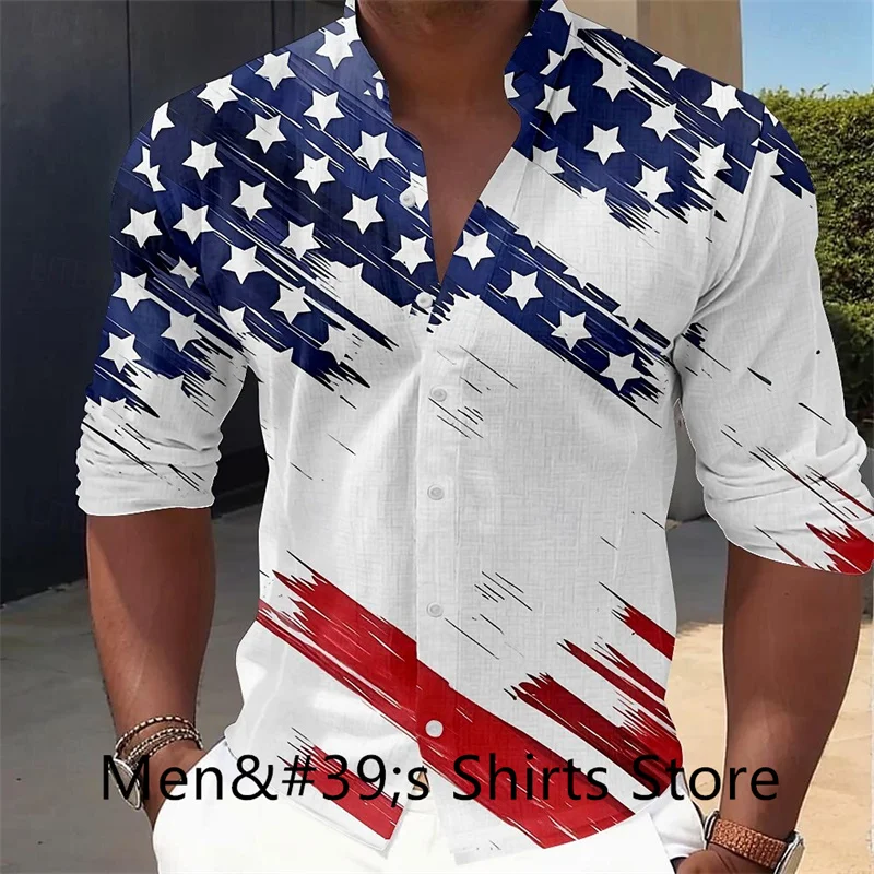 Flag Patriotic Casual Men\'s Button Shirt Long Sleeve Party Evening Daily Vacation Summer Spring Autumn Stand Collar Shirt