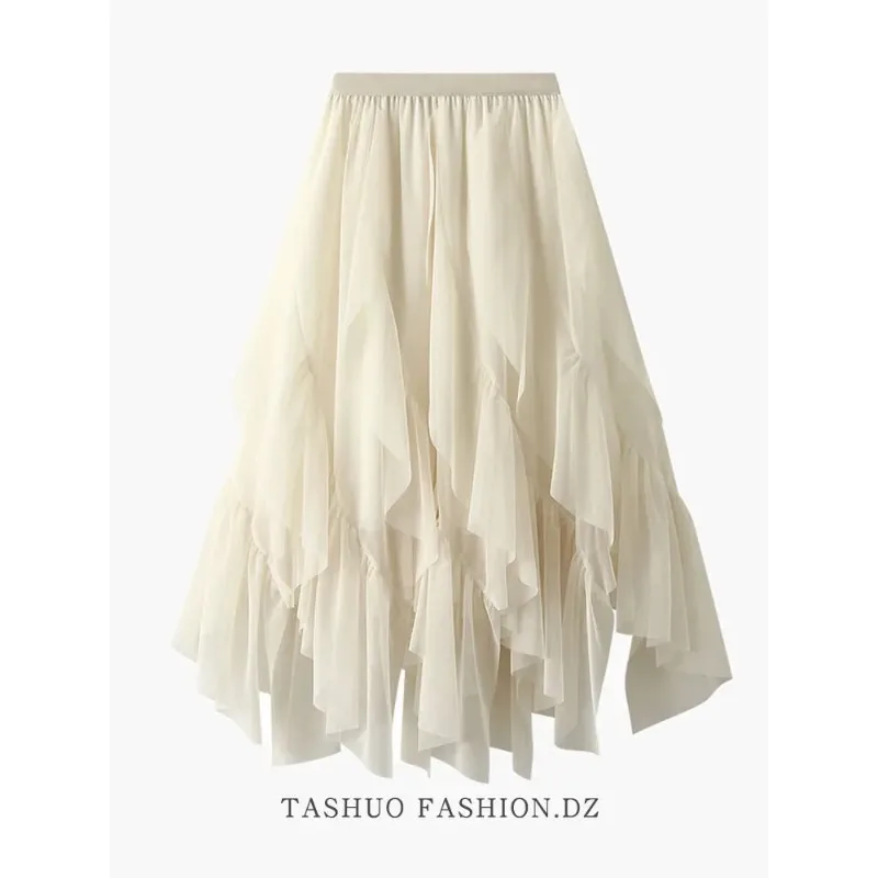 

Irregular Ruffled Tulle Skirt for Women's Spring New High-waist Mid-length Draped Mesh Long Skirt
