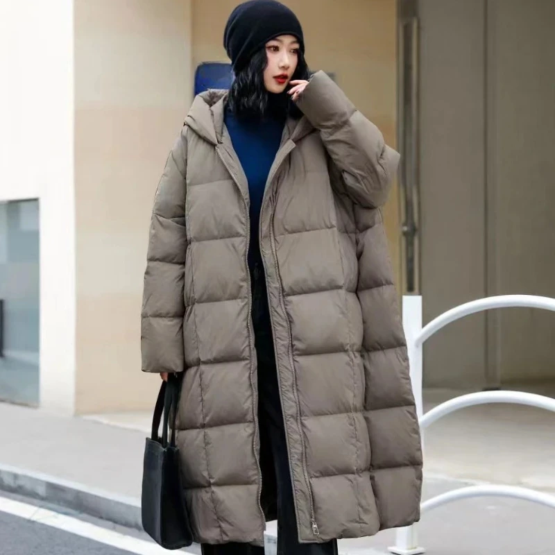 White Duck Down Long Coat, Thickened Warm Hooded Jacket, Casual Loose Parker Coat, Fall and Winter, 2024