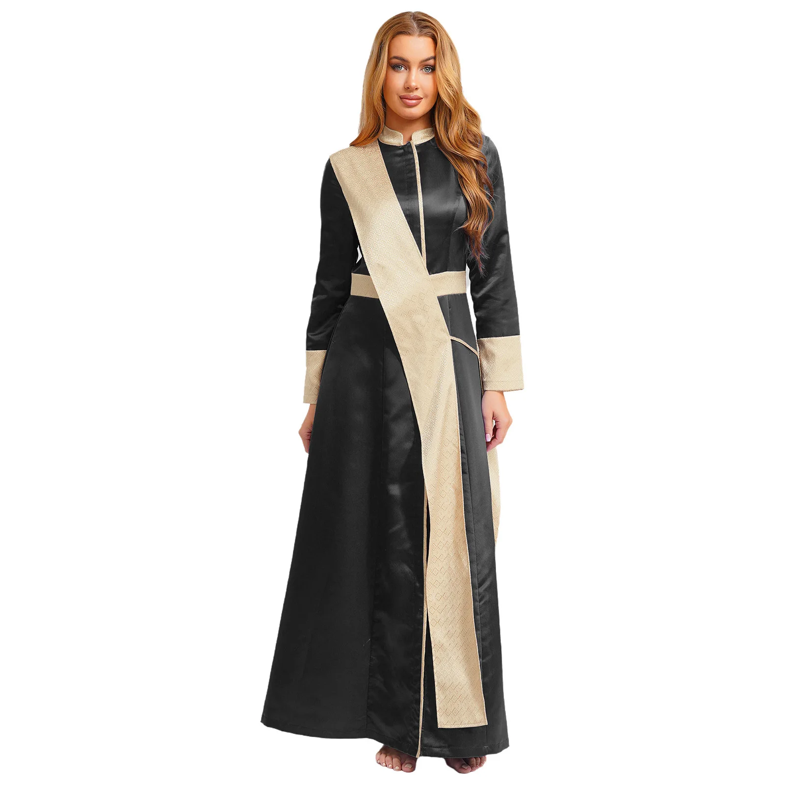 

Women Priest Nun Vestments Cosplay Robe Thobe Dress Long Sleeve Jacquard Spliced Pastor Catholic Chasuble Cosplay Uniforms